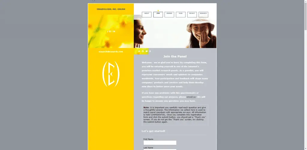 Esearch sign up screen