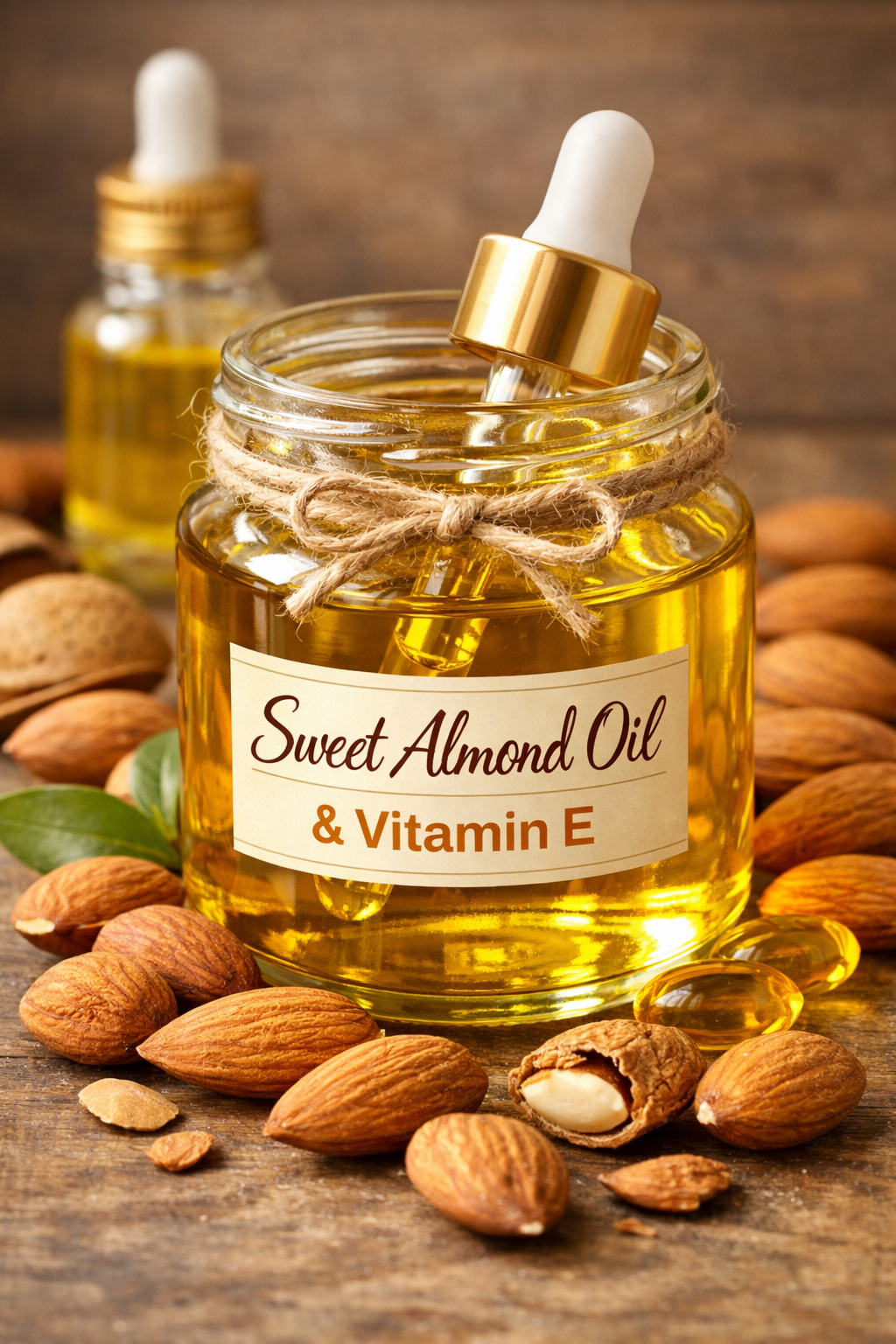 A jar of sweet almond oil surrounded by almonds and vitamin E capsules