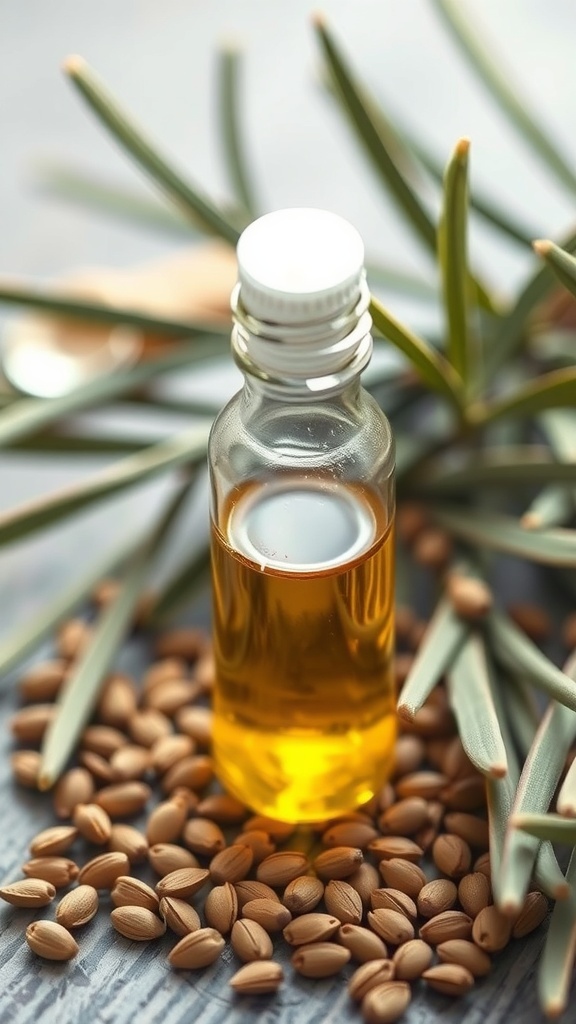 A small glass bottle of oil surrounded by seeds and green leaves