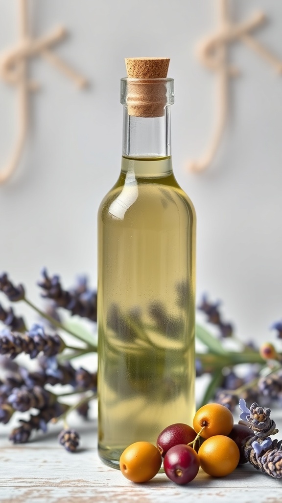 Bottle of lavender and olive oil blend with lavender flowers and olives