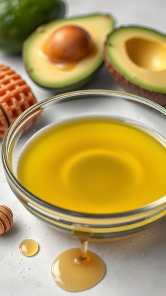 A bowl of avocado oil with fresh avocados and honey