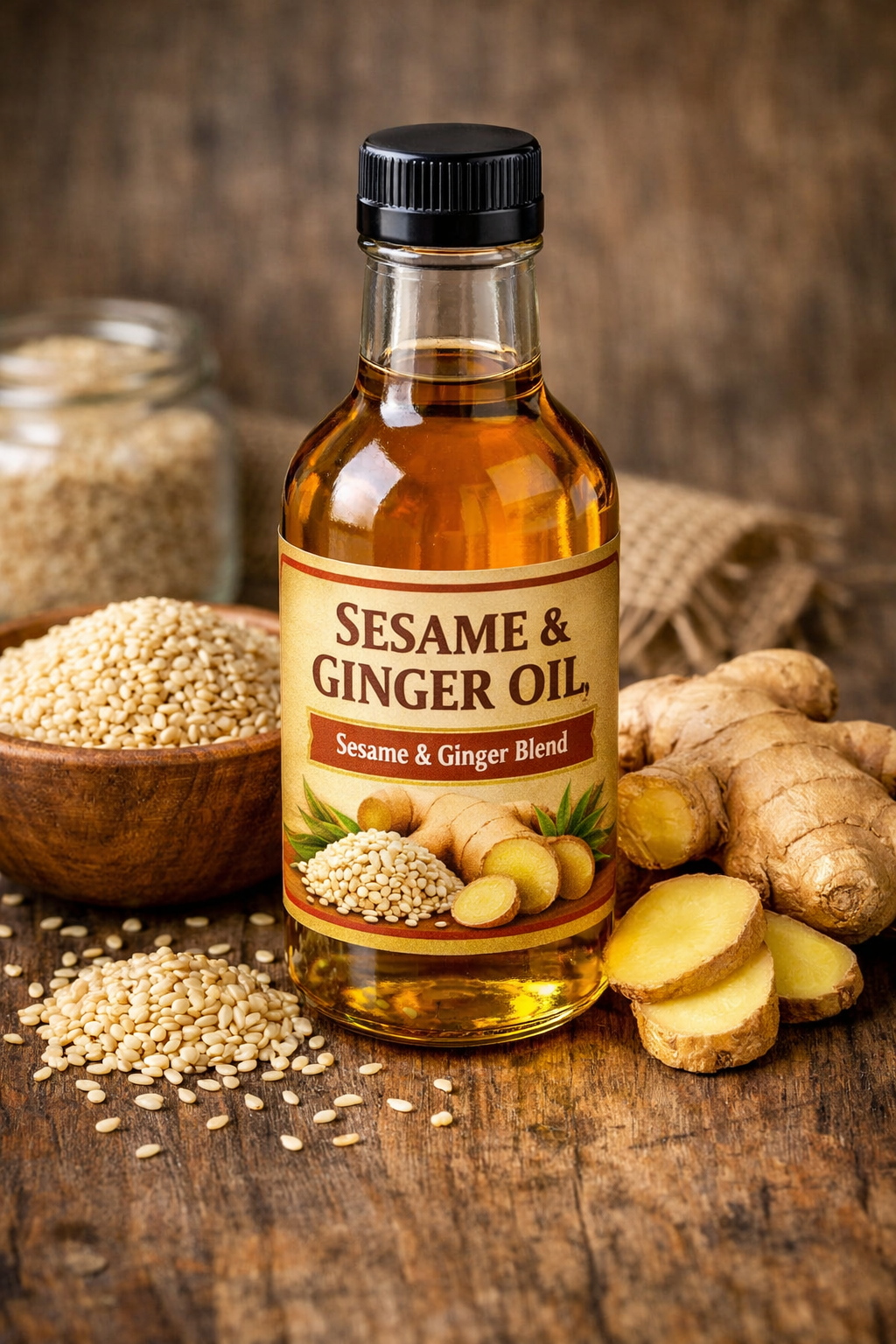 Bottle of sesame and ginger oil with fresh ginger and sesame seeds