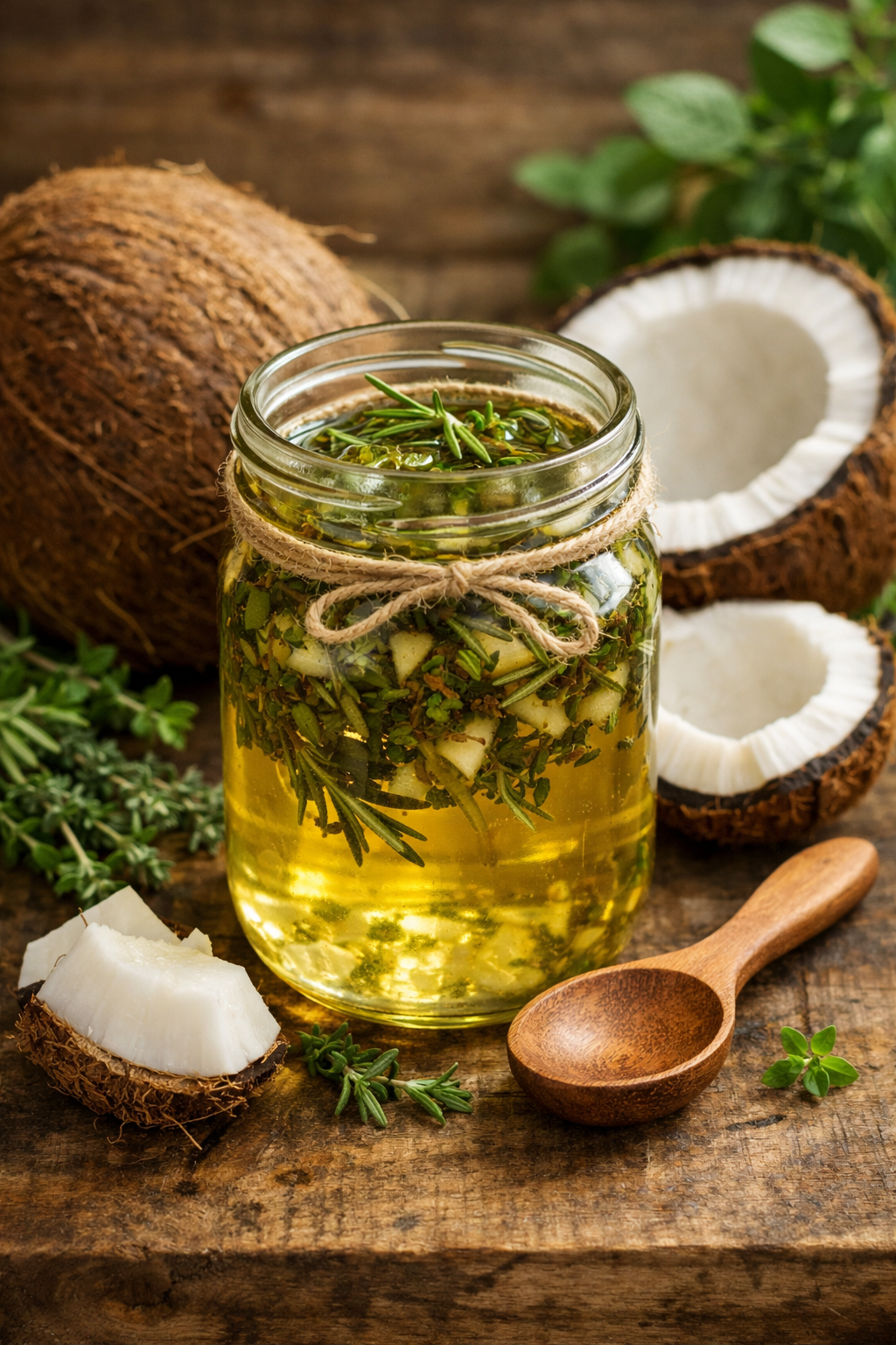 A jar of coconut oil infusion surrounded by coconut shells and herbs.