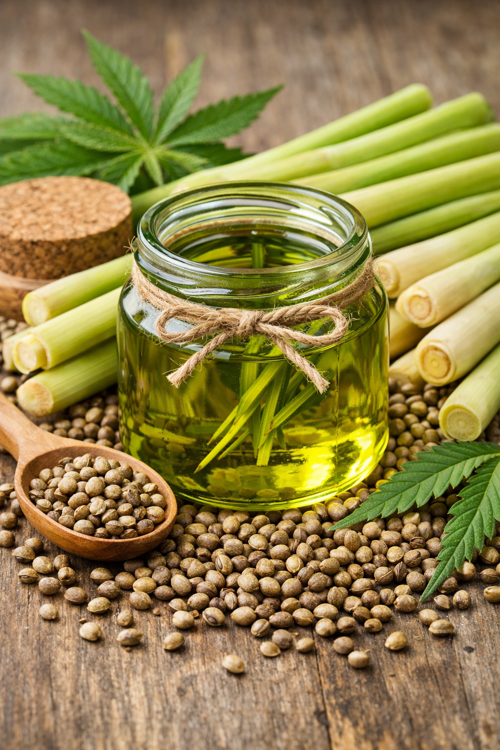 Jar of hemp seed oil surrounded by lemongrass and seeds