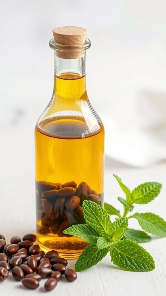 Bottle of castor oil with peppermint leaves and seeds