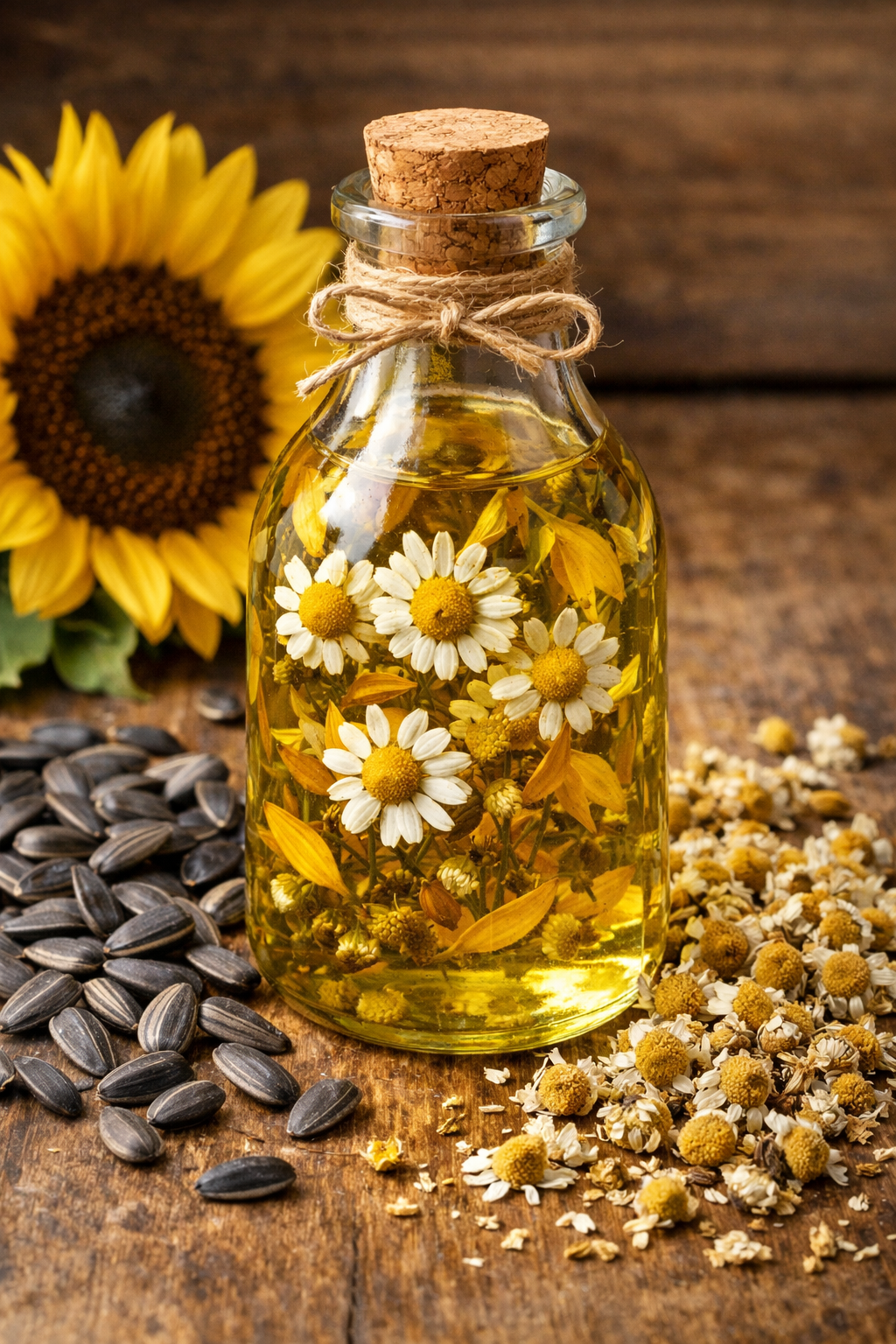 Bottle of sunflower and chamomile oil surrounded by sunflower petals and seeds