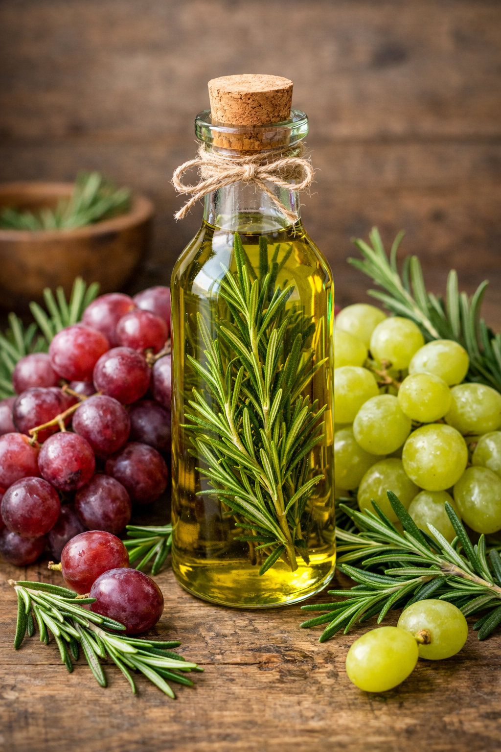 Bottle of rosemary infused grapeseed oil surrounded by grapes and rosemary sprigs.